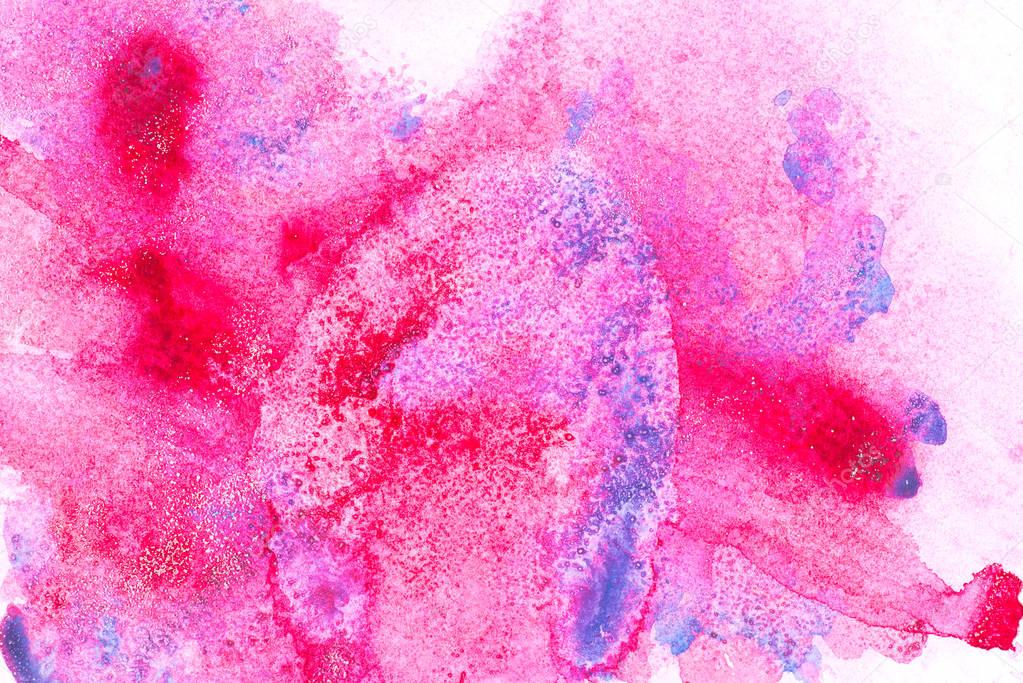 Abstract painting with pink and blue paint blots on white  