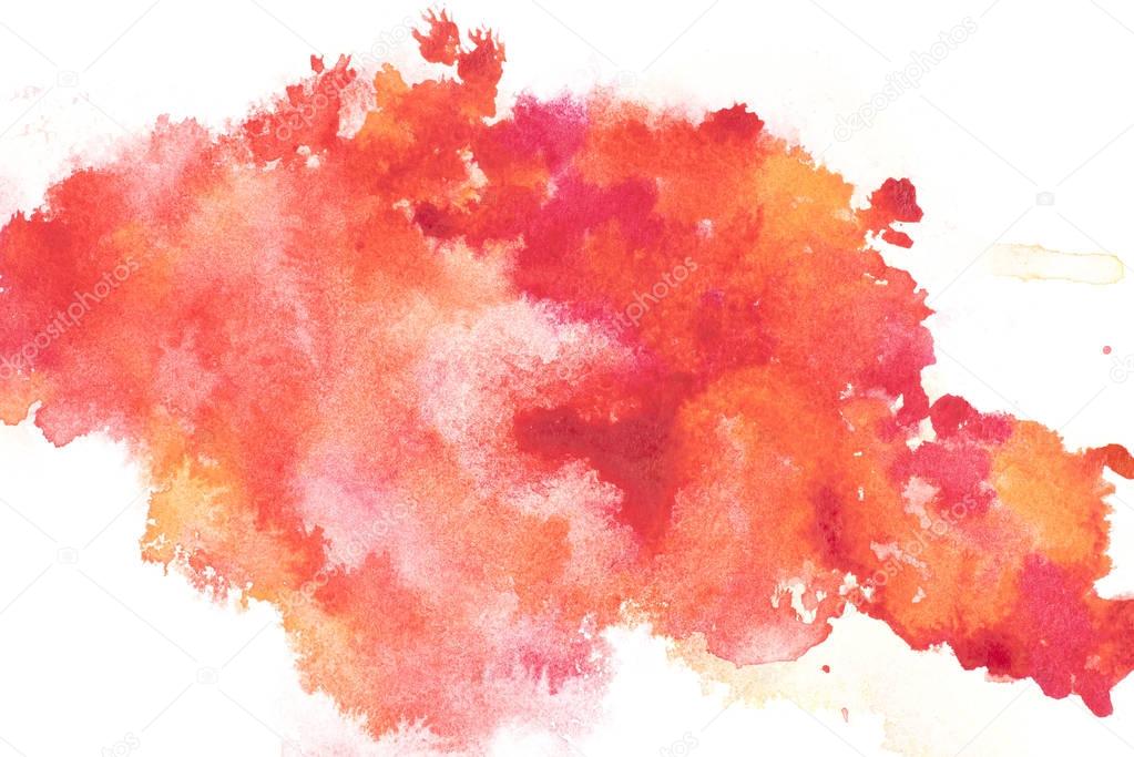 Abstract painting with bright red and orange paint blots on white 