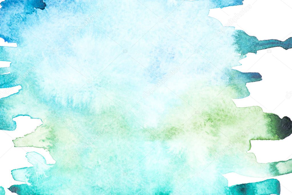 Abstract painting with blue and green paint strokes on white 