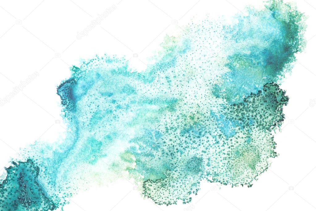 Abstract painting with bright blue paint spots on white 