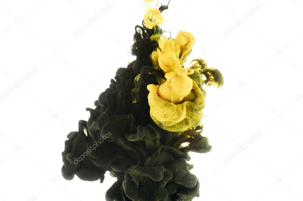mixing of black and yellow paint splashes, isolated on white