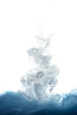 close up view of mixing of blue and white paint splashes isolated on white clipart