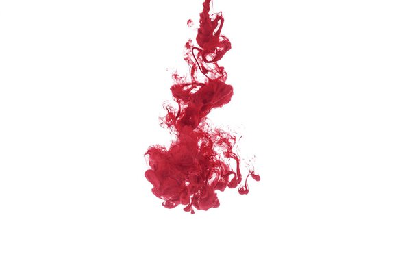 red paint splash in water, isolated on white with copy space