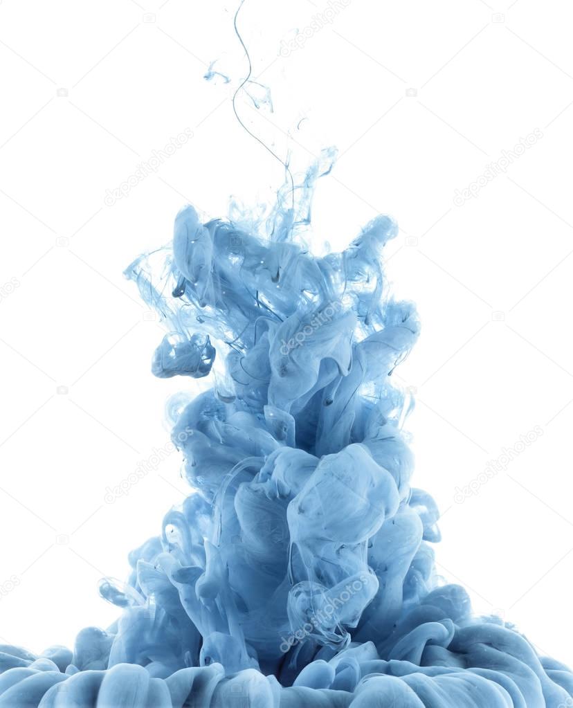 close up view of blue paint splash in water, isolated on white