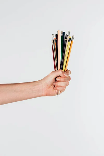 Närbild Kvinnlig Hand Med Färgglada Pennor Isolerad Vit Bakgrund — Stockfoto
