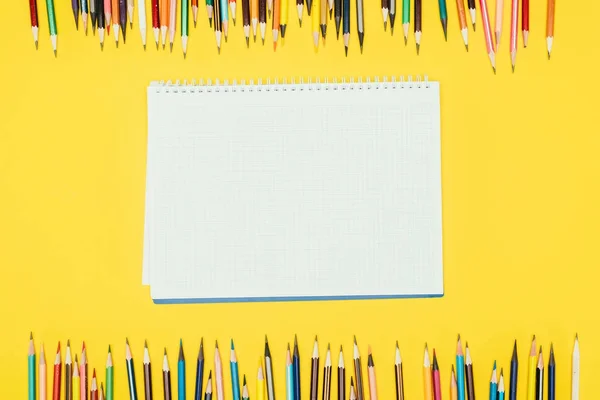 Top View Frame Colorful Pencils Isolated Yellow Background Notebook — Stock Photo, Image