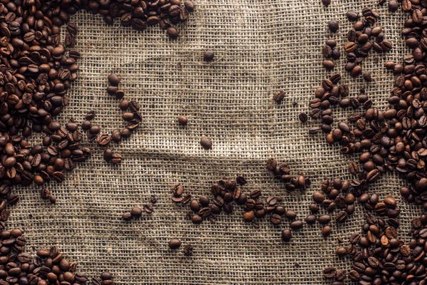 Top View Roasted Coffee Beans Sackcloth Copy Space — Stock Photo, Image