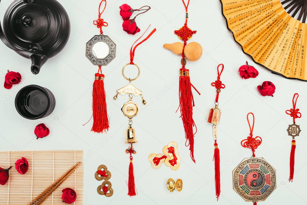 top view of traditional chinese stuff isolated on white, Chinese New Year concept