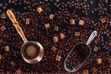 düz lay kavrulmuş kahve çekirdekleri, kahve brewer ve metal kaşık ile