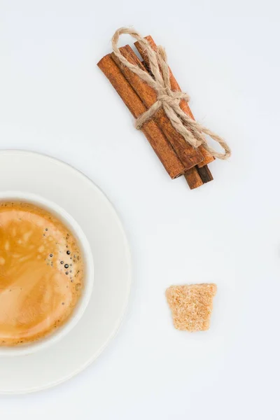 Top View Cup Coffee Saucer Brown Sugar Cinnamon Sticks Rope — Stock Photo, Image