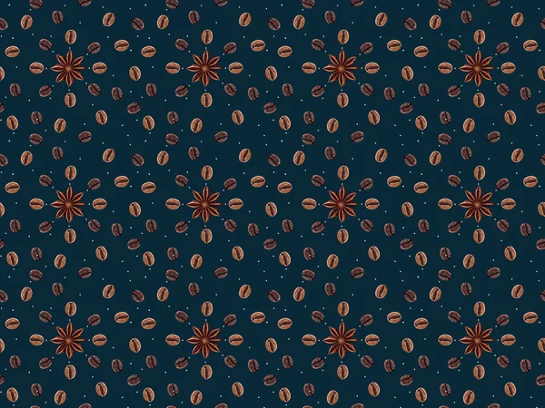 Бесшовный Рисунок Кофейных Зерен Анисовых Звезд Изолированы Темно Синем Фоне — стоковое фото