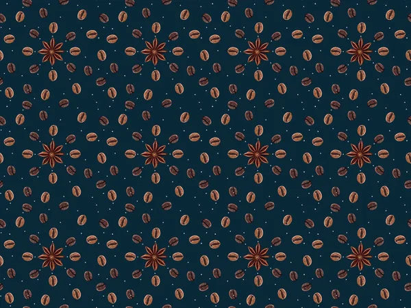 seamless pattern with coffee beans and anise stars isolated on dark blue background 