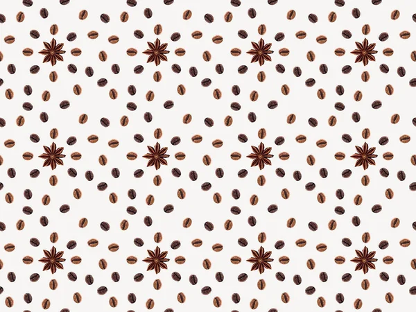 Top View Seamless Pattern Coffee Beans Anise Stars Isolated White — Stock Photo, Image
