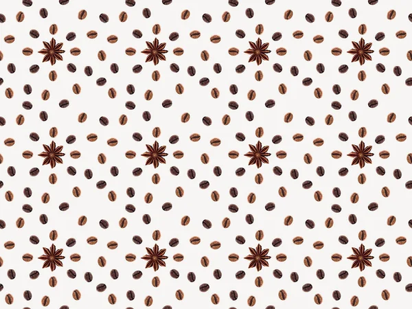 top view of seamless pattern with coffee beans and anise stars isolated on white
