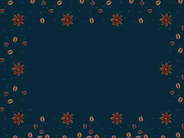 从深蓝色背景中分离出的咖啡豆和八角星制成的框架的顶部视图 — 免费的图库照片