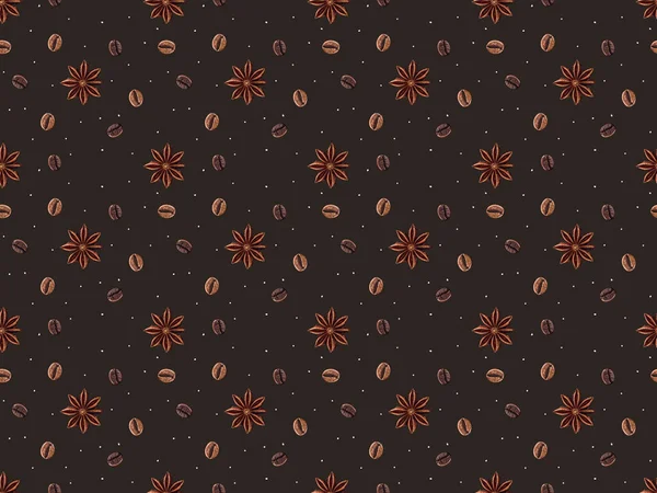seamless pattern with coffee beans and anise stars isolated on brown  