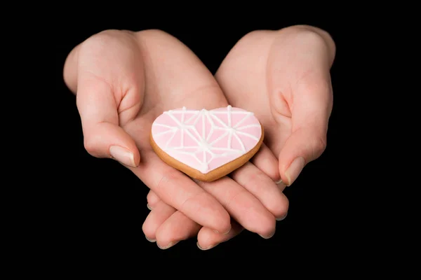 Close View Female Hands Glazed Heart Shaped Cookie Isolated Black — Stock Photo, Image