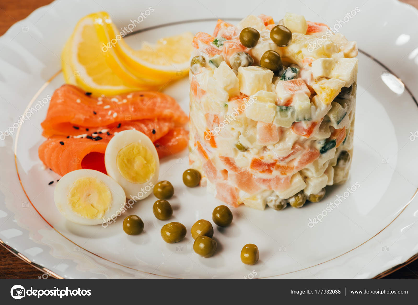 Russian Salad Plate Scattered Peas Boiled Eggs Fish Slices Stock Photo ...