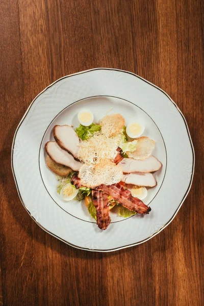 Vue Sur Les Tranches Jambon Avec Viande Frite Des Œufs — Photo