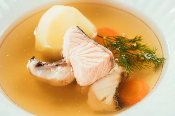 Close Salmon Soup Potato Carrot Herbs Served White Plate — Stock Photo, Image