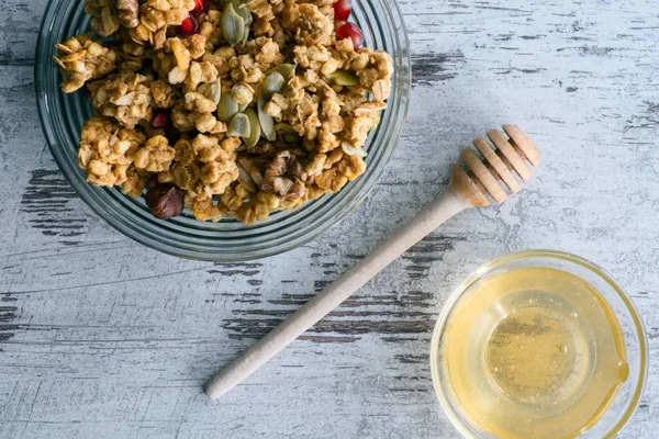 Top View Granola Glass Bowl Honey Table — Stock Photo, Image