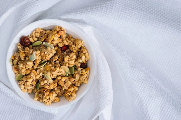 Top View Plate Homemade Granola White Tablecloth — Stock Photo, Image