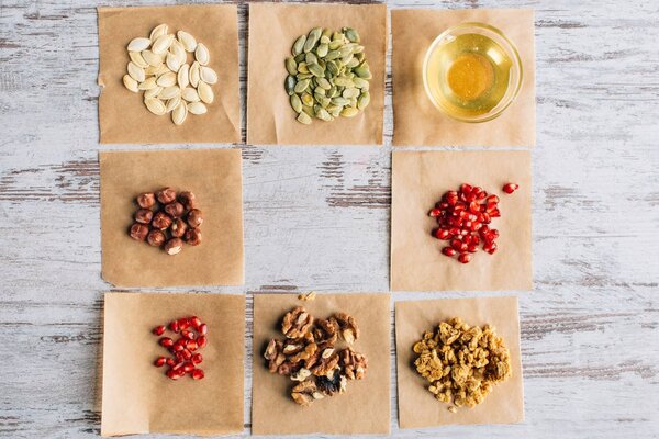 top view of granola ingredients on baking parchment pieces