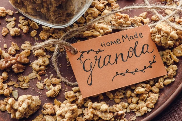Homemade Crunchy Granola Label Tray — Stock Photo, Image