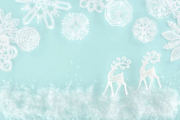 Christmas Background Decorative Snow Snowflakes Paper Deer Isolated Light Blue — Stock Photo, Image