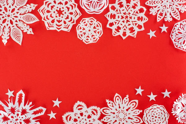 Christmas Background White Paper Snowflakes Isolated Red Copy Space — Stock Photo, Image