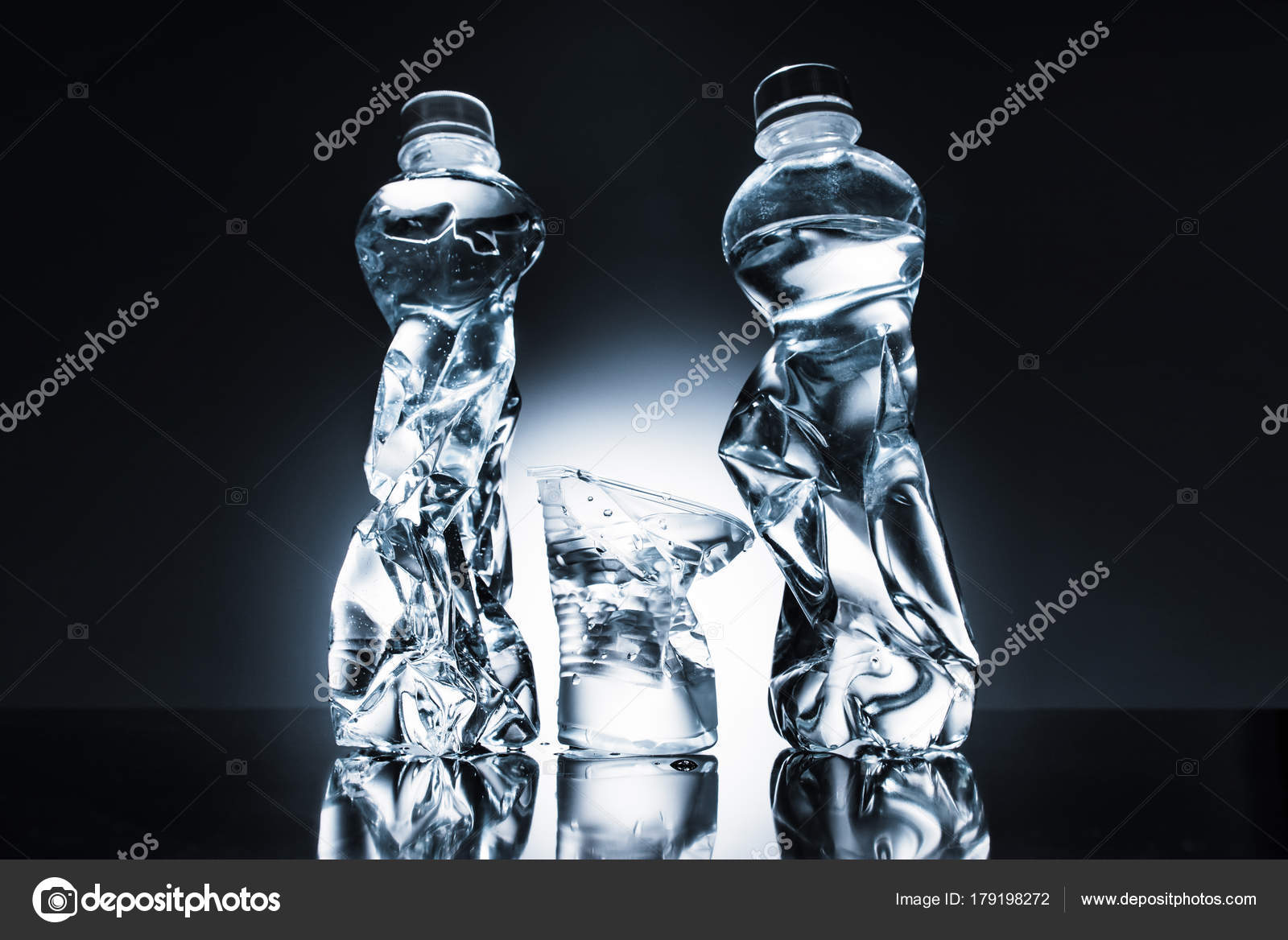 Still Life Crumpled Plastic Bottles Water Cup Water Dark Free Stock Photo C Vadimvasenin