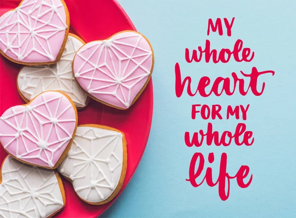 Top View Glazed Heart Shaped Cookies Pink Plate Isolated Blue — Stock Photo, Image