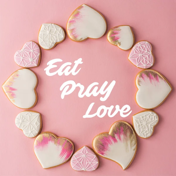 Flat Lay Arrangement Glazed Heart Shaped Cookies Isolated Pink Surface — Stock Photo, Image