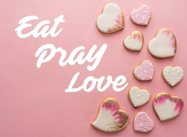 Flat Lay Arrangement Glazed Heart Shaped Cookies Isolated Pink Surface — Stock Photo, Image