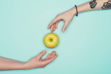 cropped shot of women passing green apple isolated on turquoise clipart