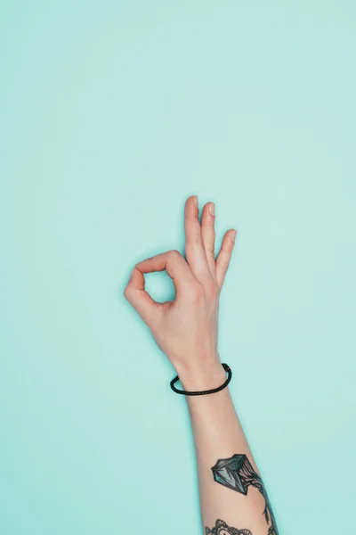 Cropped Shot Woman Showing Okay Sign Isolated Turquoise — Stock Photo, Image