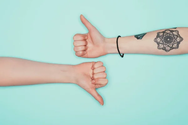 Cropped Shot Women Showing Thumbs Signs Isolated Turquoise — Stock Photo, Image