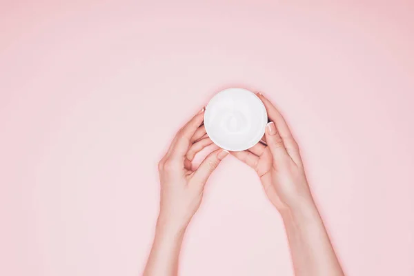 Cropped Shot Woman Holding Opened Can Moisturizing Cream Isolated Pink — Stock Photo, Image