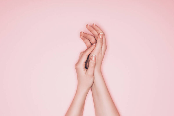 cropped shot of female hands with perfect skin isolated on pink