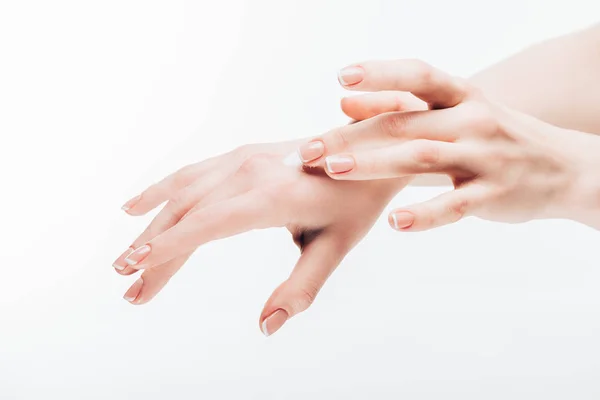 Cropped Shot Woman Applying Moisturizing Cream Hand Isolated White — Stock Photo, Image