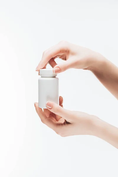 Cropped Shot Woman Holding Jar Pills Isolated White — Stock Photo, Image