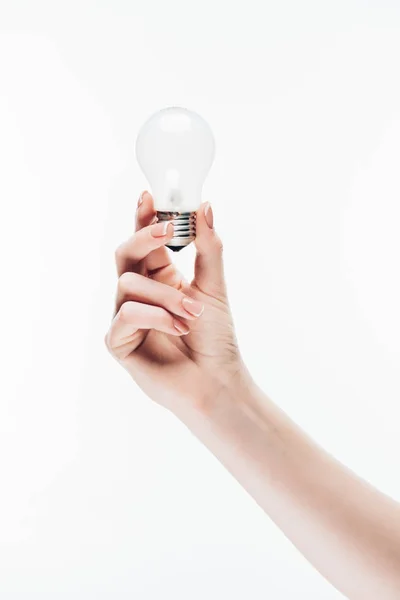 Cropped Shot Woman Holding Light Bulb Isolated White — Stock Photo, Image