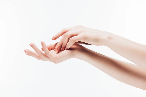Περικοπεί Shot Γυναικεία Χέρια Τέλειο Δέρμα Που Απομονώνονται Λευκό — Φωτογραφία Αρχείου