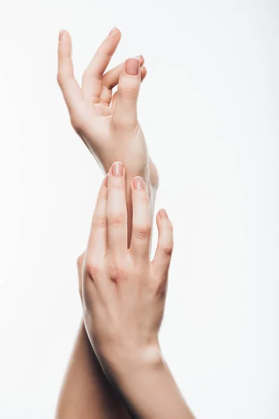 Beskuren Bild Vackra Kvinnliga Händer Isolerad Vit — Stockfoto