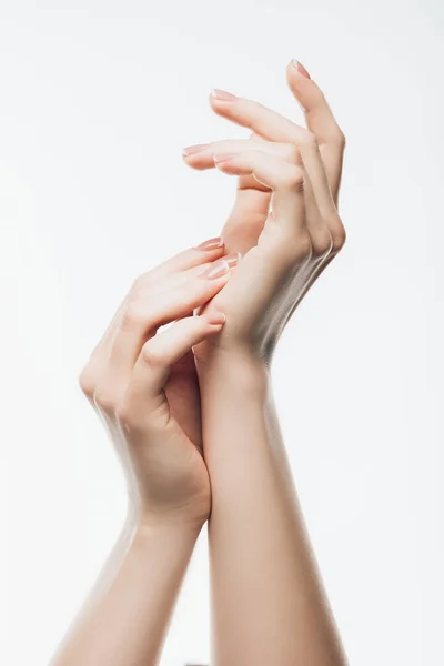 Abgeschnittene Aufnahme Sinnlicher Weiblicher Hände Isoliert Auf Weiß — Stockfoto