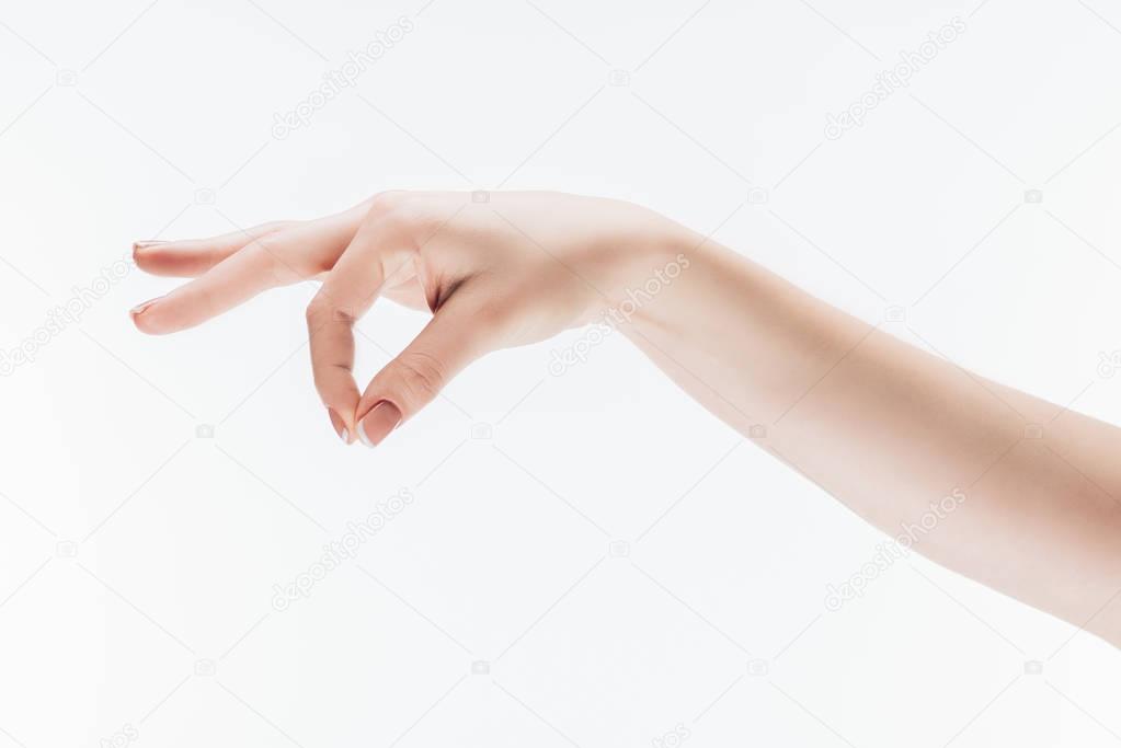 cropped shot of female hand with pinch gesture isolated on white