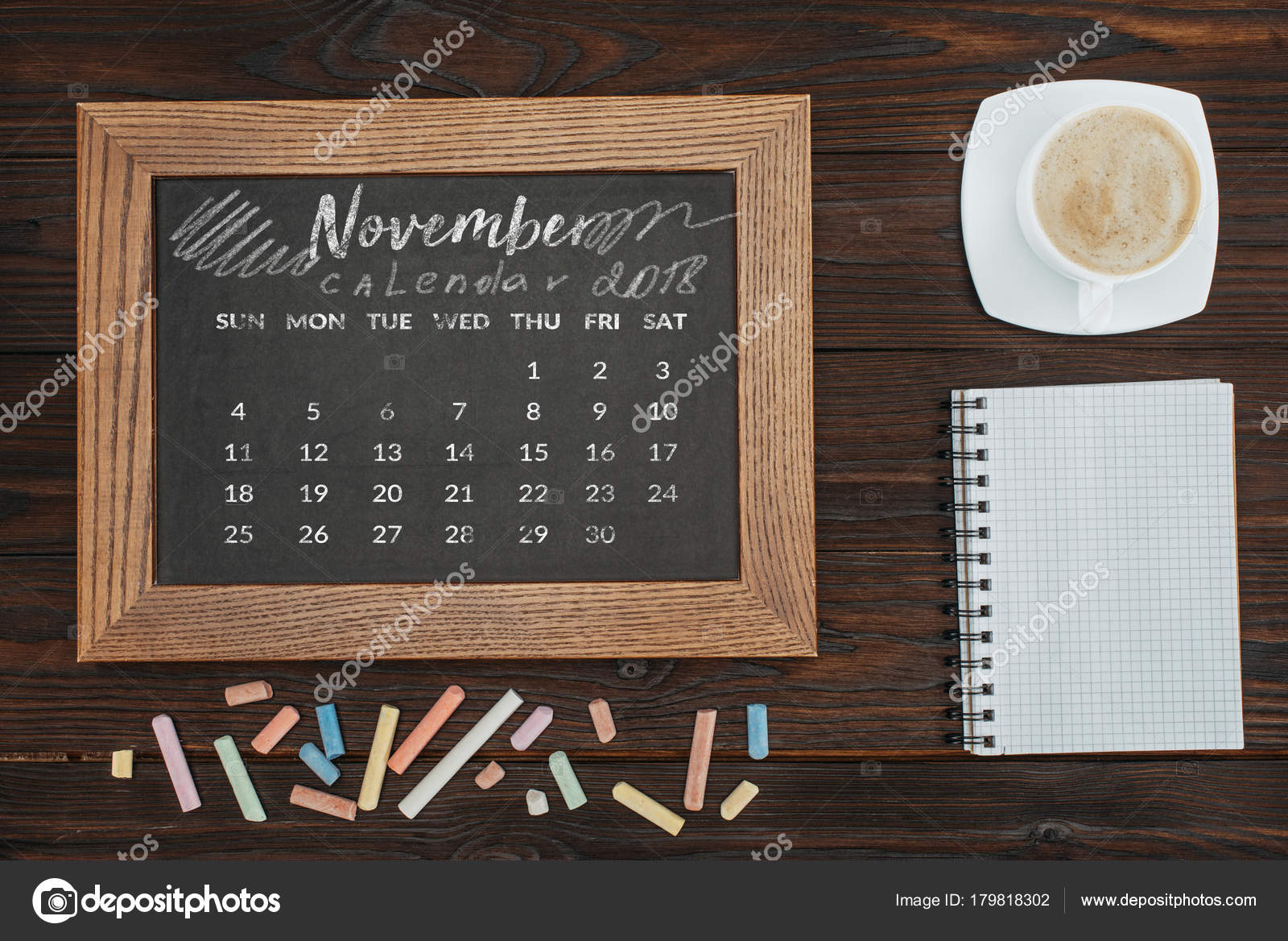 Top View Arranged Cup Coffee Empty Notebook Colorful Chalks Chalkboard —  Stock Photo © VadimVasenin #179818302