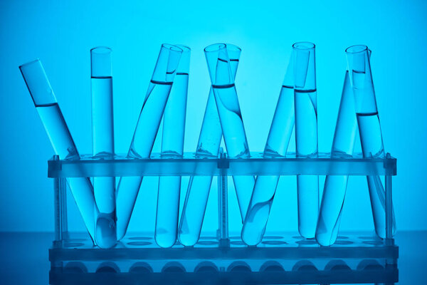 glass tubes with liquid on stand for scientific analysis on blue