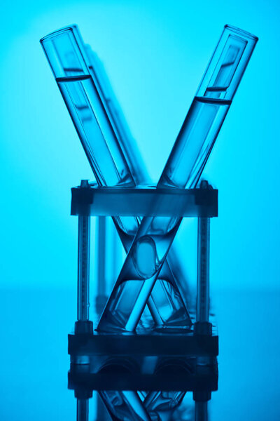rows of glass tubes with liquid on stand on blue