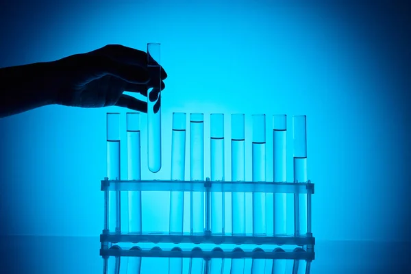 Cropped Image Female Chemist Taking Glass Tube Stand Blue — Stock Photo, Image